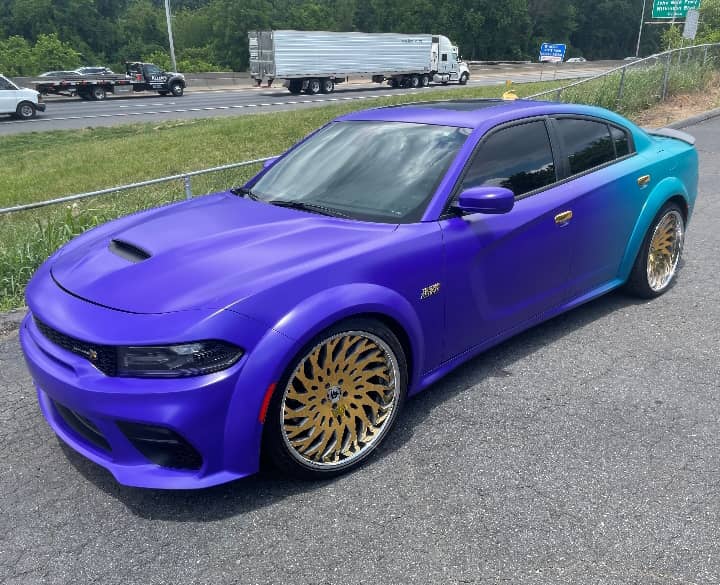 Purple to teal color-shift wrap on Dodge Charger Widebody