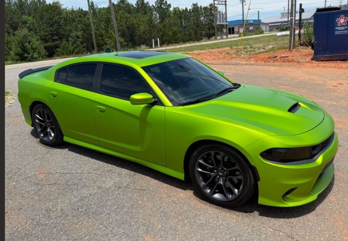 Lime green matte wrap on Dodge Charger