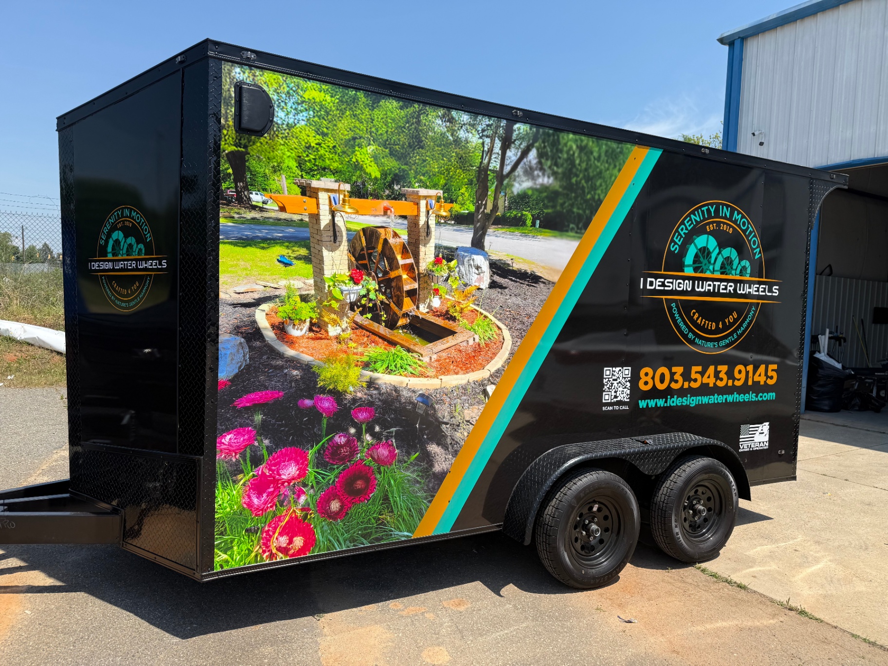 I Design Water Wheels enclosed trailer full-color photo wrap